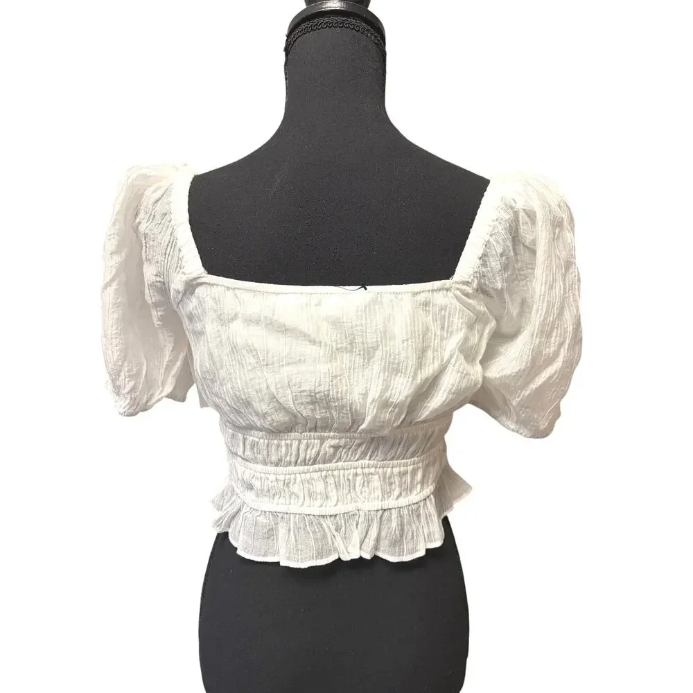 ASTR The Label White Smocked Puff Sleeve Crop Top XS Romantic Cottagecore 🌼